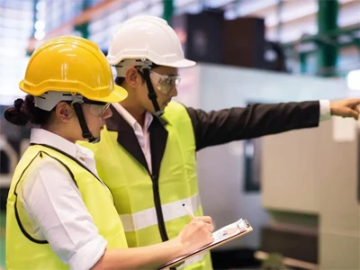 Third-party inspector reviewing steel structure quality documentation